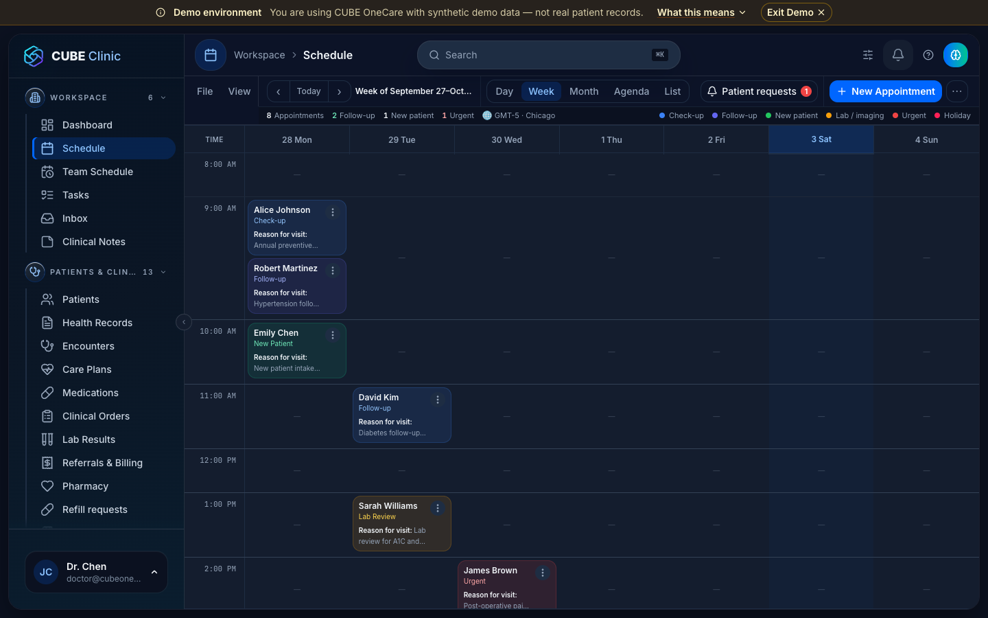 CUBE OneCare Scheduling calendar showing multi-provider appointment view
